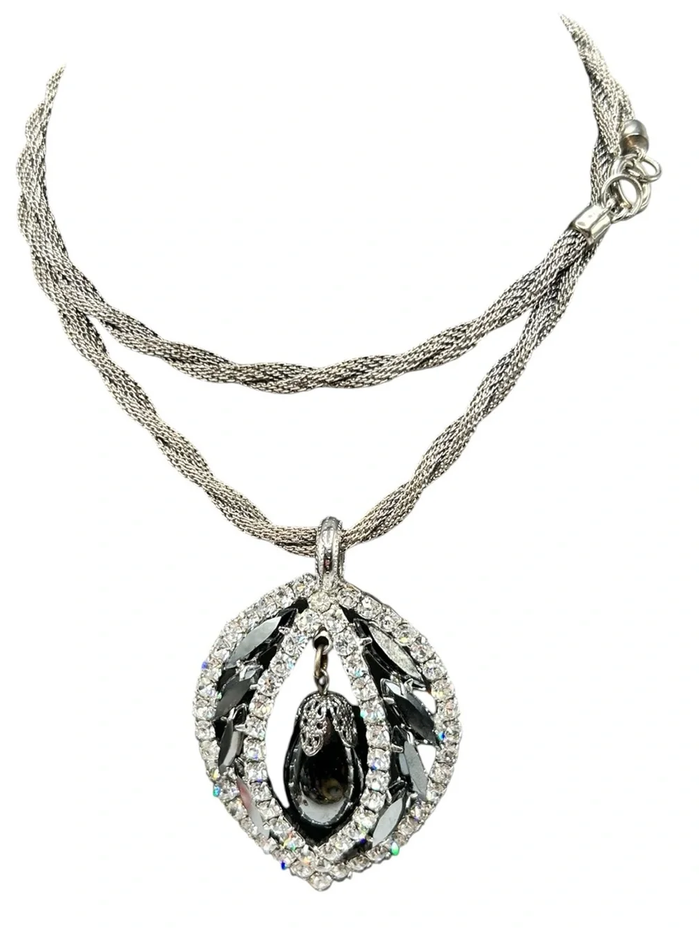 Vintage Juliana Hematite Glass Drop Rhinestone Pendant Necklace